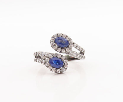925 Sterling Silver Vintage Ring Bypass Oval Sapphire & Topaz  Sz 9  RG29712