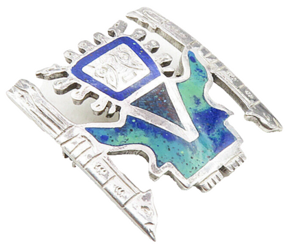 PERU 925 Sterling Silver  Vintage Azurite Inlay Traditional Brooch Pin  BP3564