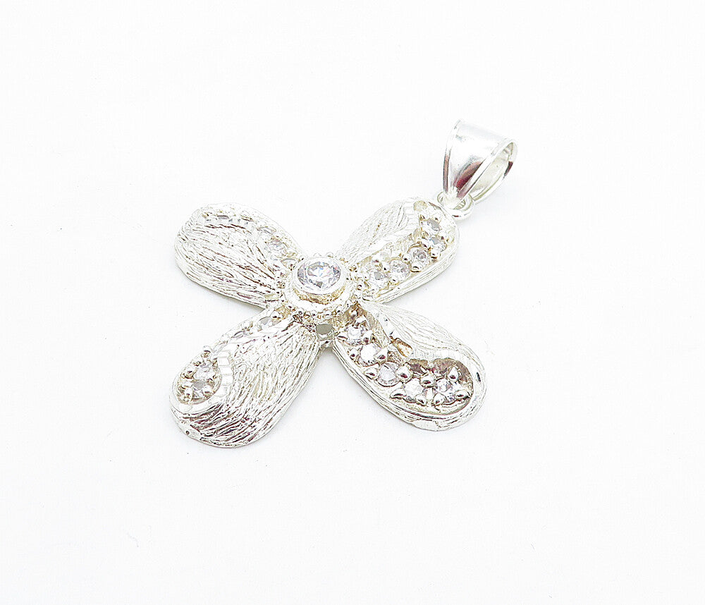 925 Sterling Silver  Vintage Cubic Zirconia Shiny Etched Cross Pendant  PT3871