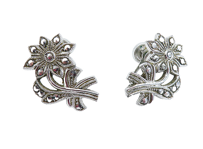 925 Sterling Silver  Vintage Shiny Flower Motif Non Pierce Earrings  EG2728