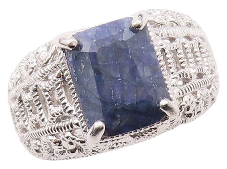 925 Sterling Silver Vintage Ring Designer Cutout Rectangle Sapphire Sz 7 RG30894
