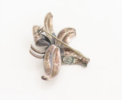 DENMARK 925 Silver  Vintage 3D Cutout Petals Beaded Flower Brooch Pin  BP10385
