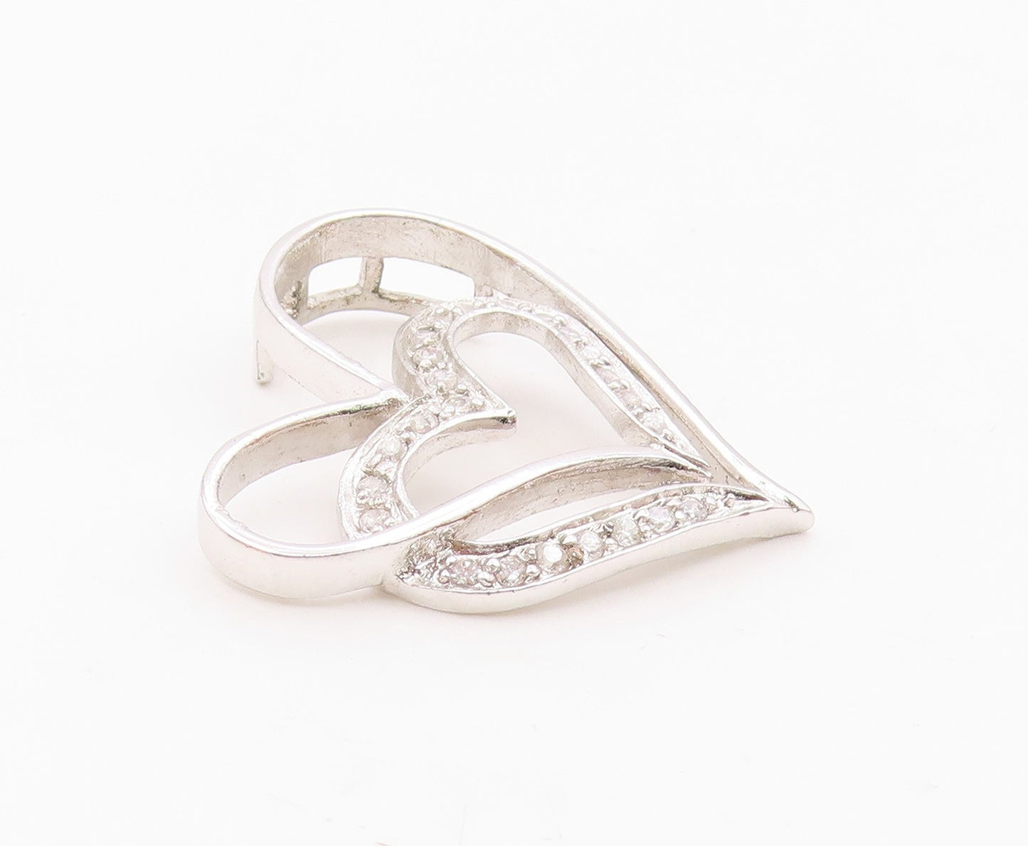 925 Sterling Silver  Vintage Shiny Topaz Open Love Hearts Pendant  PT18904