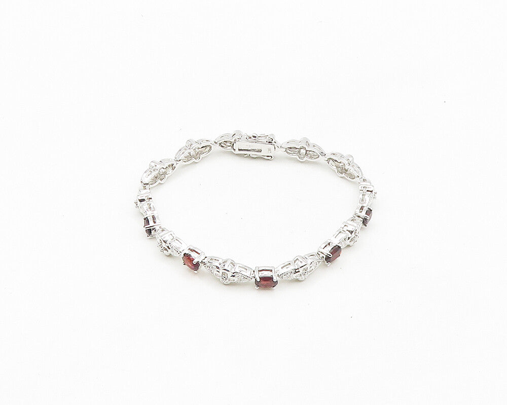 925 Sterling Silver  Genuine Diamond & Garnet Floral Chain Bracelet  BT7269