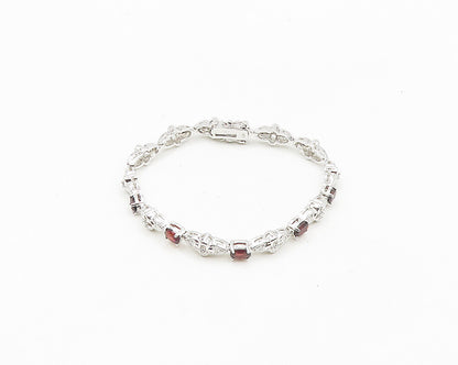 925 Sterling Silver  Genuine Diamond & Garnet Floral Chain Bracelet  BT7269
