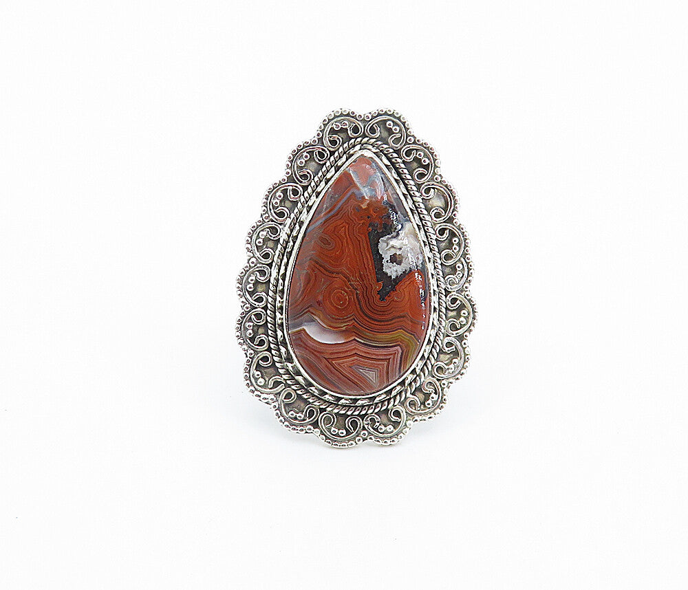 925 Sterling Silver  Vintage Agate Swirl Border Cocktail Ring Sz 10  RG8102