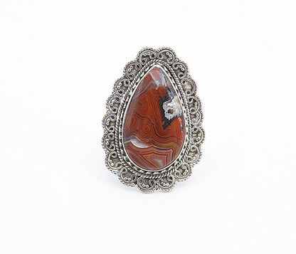 925 Sterling Silver  Vintage Agate Swirl Border Cocktail Ring Sz 10  RG8102
