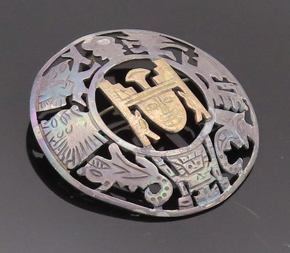 18k Gold 925 Sterling Silver Vintage Brooch Pin Peru Aztec Inca God  BP10686
