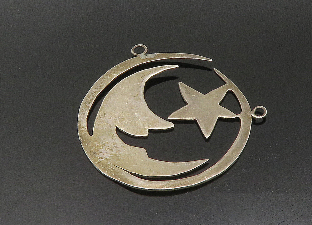 925 Sterling Silver  Vintage Crescent Moon Face & Star Pendant  PT18878