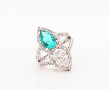 925 Sterling Silver Vintage Ring Designer Drop Sea Green & White CZ Sz 7 RG30410