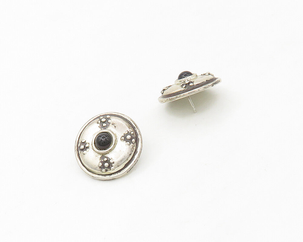 925 Sterling Silver  Vintage Black Onyx Floral Dome Drop Earrings  EG8880