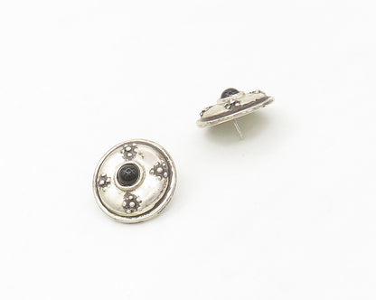 925 Sterling Silver  Vintage Black Onyx Floral Dome Drop Earrings  EG8880