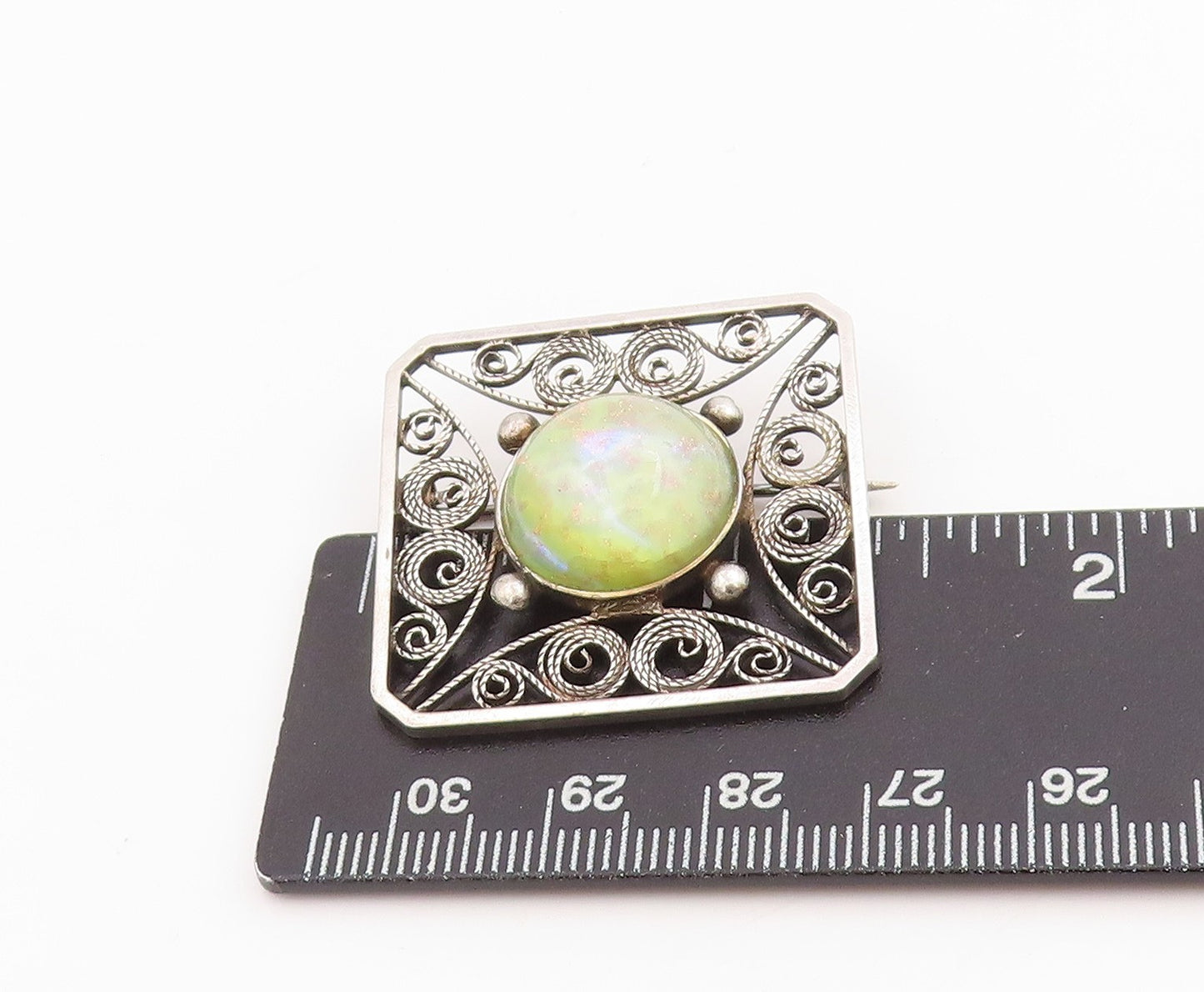 925 Sterling Silver Vintage Brooch Round Cabochon Gemstone Filigree Pin  BP11997