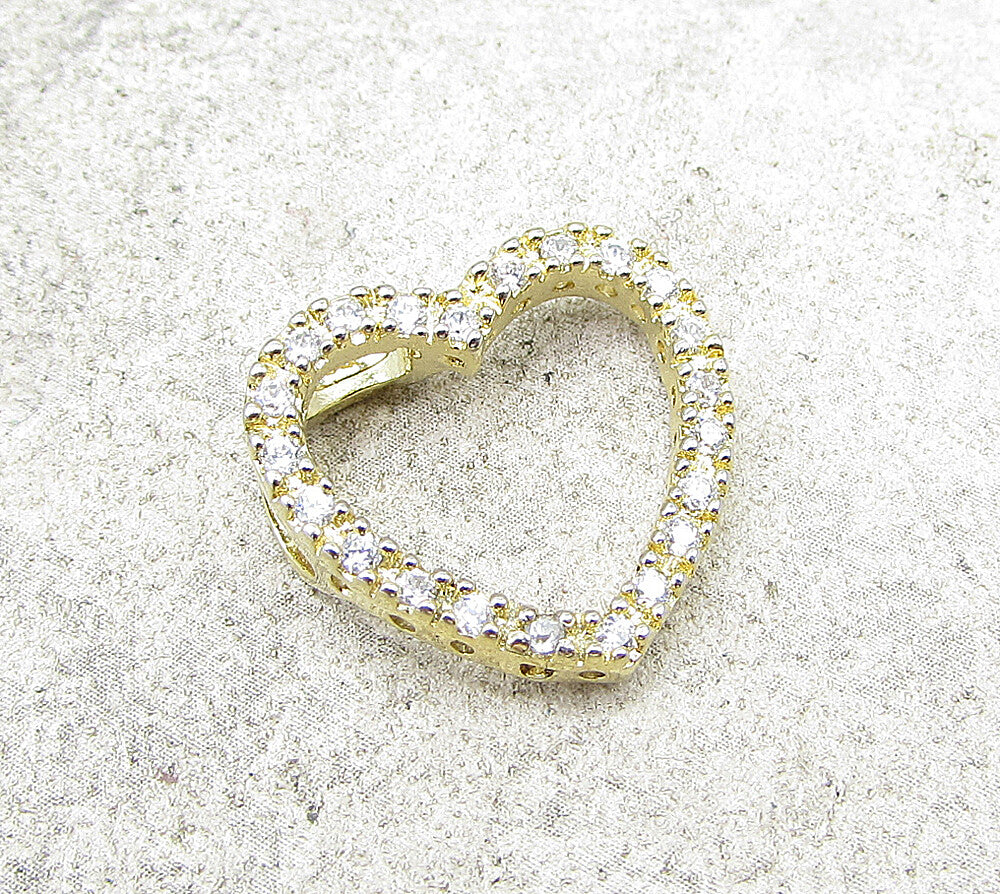 Gold Over 925 Silver  White Cubic Zirconia Love Heart Slider Pendant  PT1358