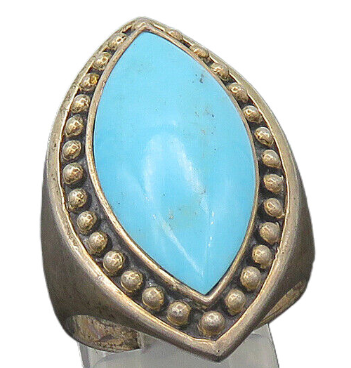 925 Sterling Silver  Vintage Turquoise Pointed Oval Cocktail Ring Sz 9 RG21386