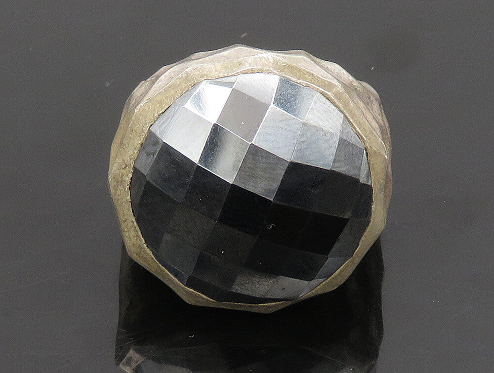 925 Sterling Silver  Vintage Round Hematite Hammered Dome Ring Sz 9  RG24519