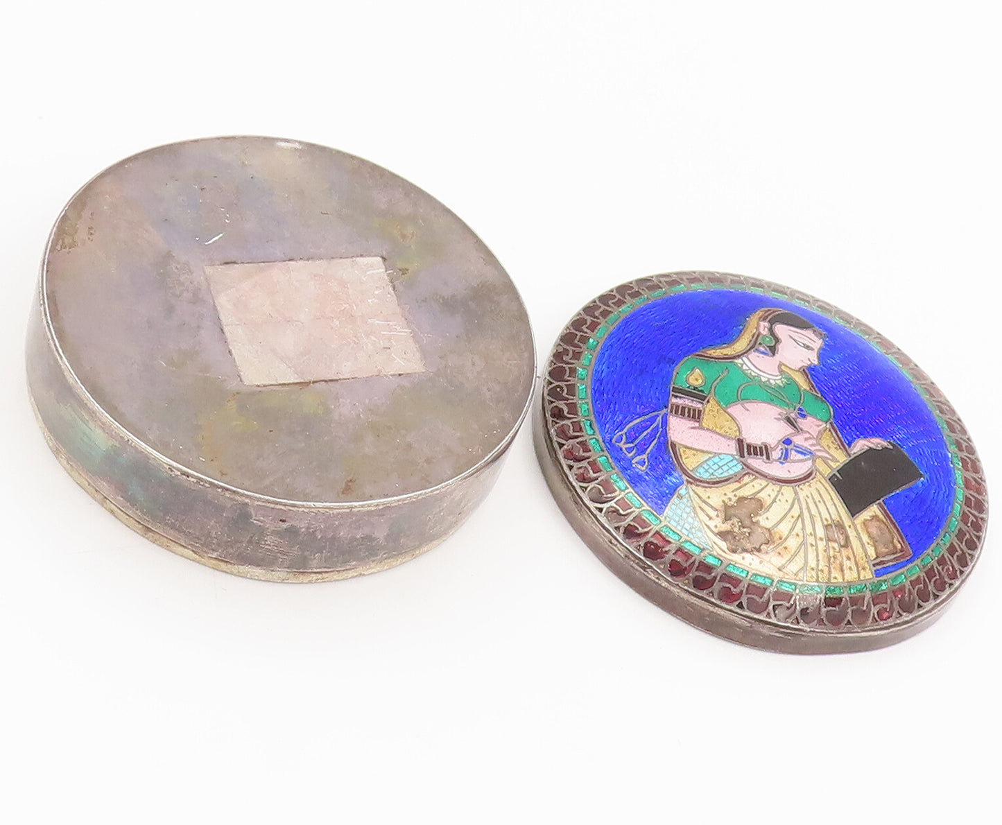 925 Silver  Vintage Enameled Indian Girl Writing Pill Box (OPENS)  TR3631