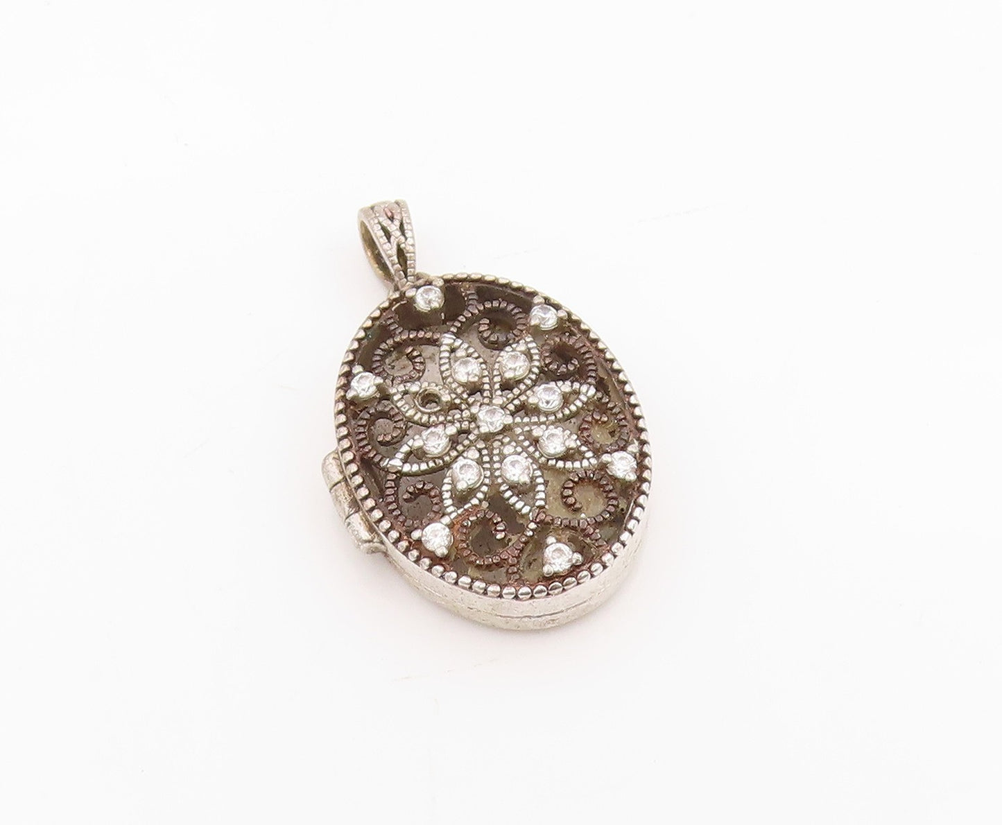 925 Sterling Silver Vintage Pendant CZ Floral Scrollwork Charm OPENS  PT25481