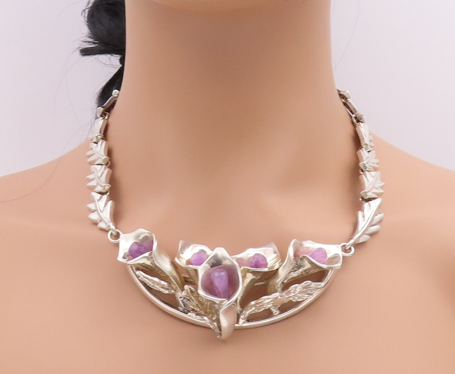925 Sterling Silver Vintage Necklace MEXICO Heavy Cutout Gemstone Lily  NE4476