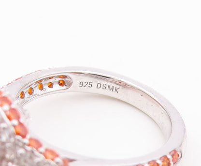 925 Sterling Silver Vintage Ring Rectangle Orange Halo White CZ  Sz 7  RG29640