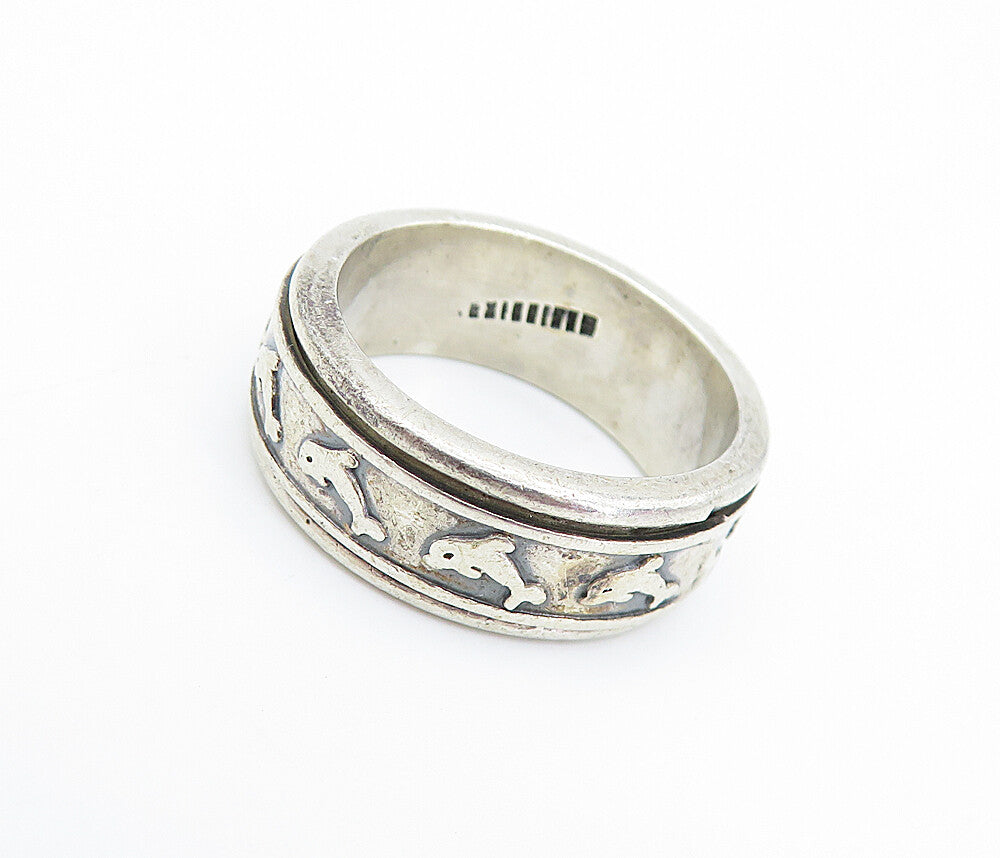 925 Sterling Silver  Vintage Dolphin Patterned Band Spinner Ring Sz 8  RG6813
