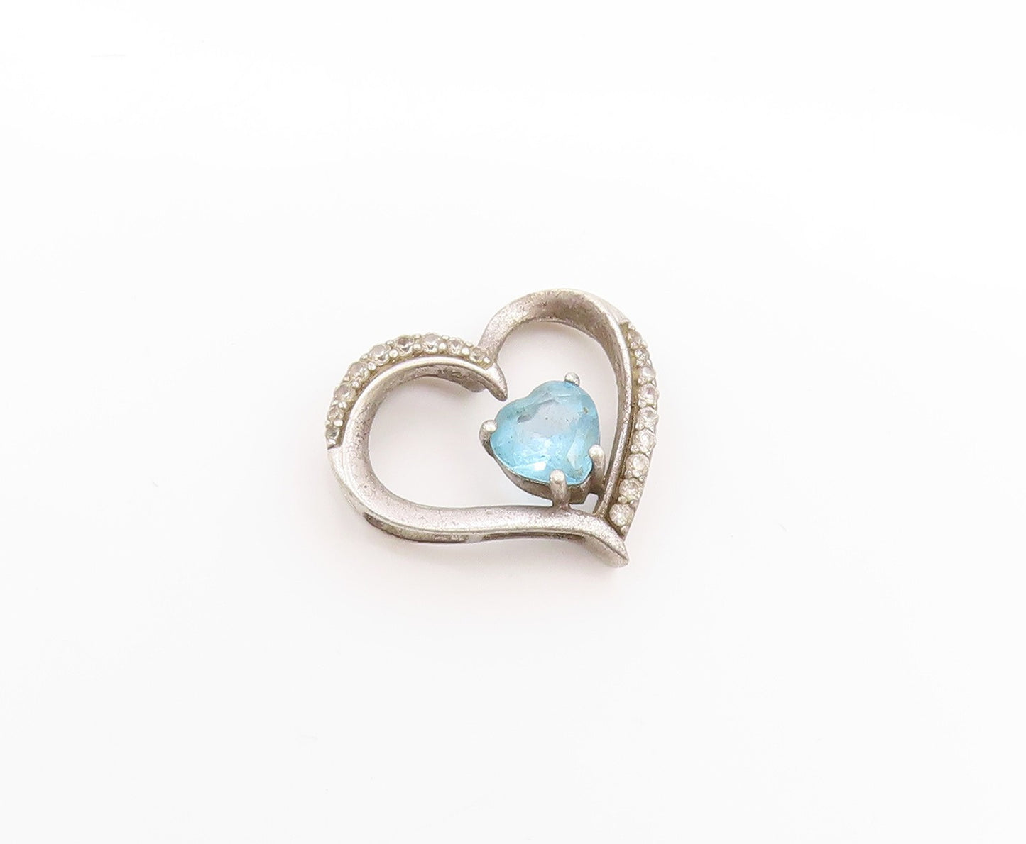 925 Sterling Silver Vintage Pendant Blue Topaz Tilted Love Heart Charm  PT25065