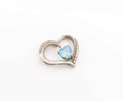 925 Sterling Silver Vintage Pendant Blue Topaz Tilted Love Heart Charm  PT25065