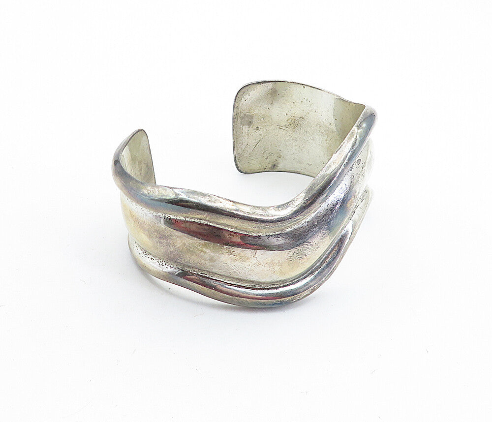 LOS BALLESTEROS 925 Silver Vintage Wavy Raised Edge Cuff Bracelet BT2772