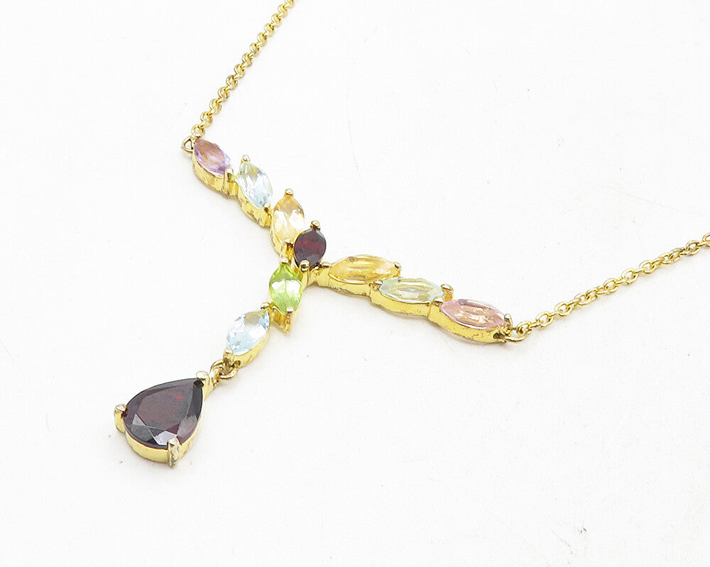 925 Sterling Silver Garnet & Multi Stone Gold Plated Chain Necklace NE1944