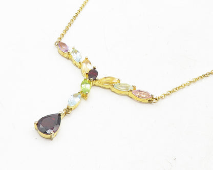 925 Sterling Silver Garnet & Multi Stone Gold Plated Chain Necklace NE1944