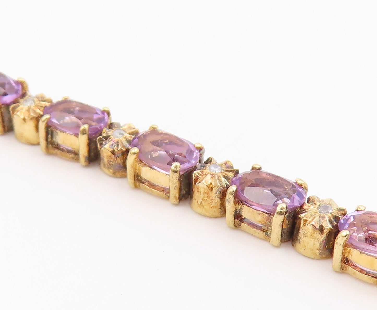 925 Sterling Silver  Vintage Genuine Diamond & Amethyst Chain Bracelet  BT8395