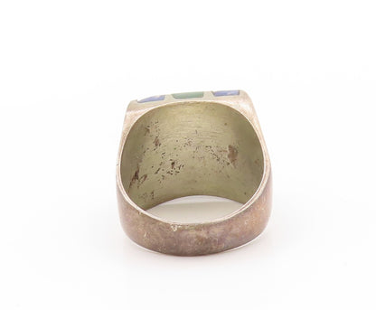 925 Sterling Silver Vintage Ring MEXICO 2 Tone Turquoise Inlay  Sz 9  RG32828