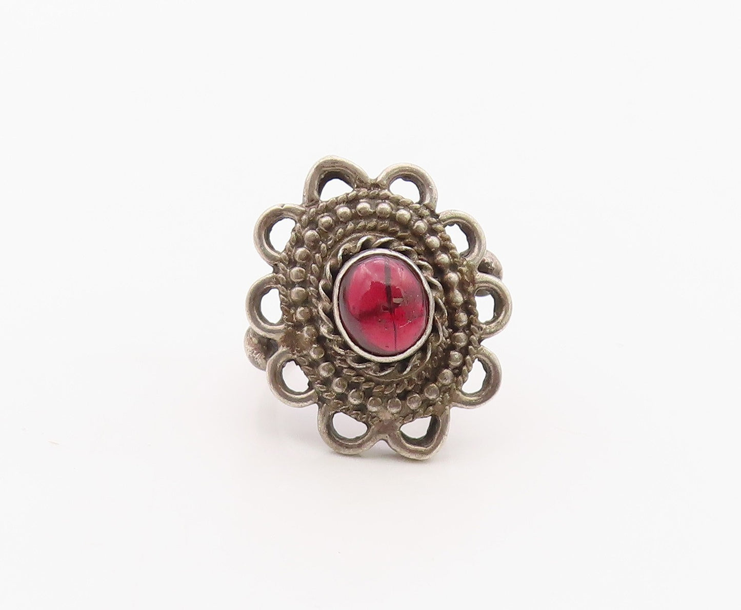 925 Sterling Silver Vintage Ring Classic Garnet Bohemian Flower  Sz 4.5  RG36336
