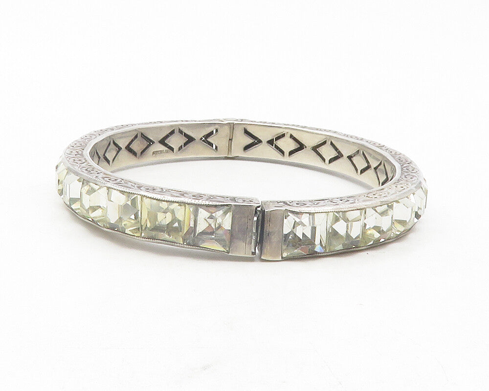 925 Sterling Silver  Vintage Cubic Zirconia Floral Bangle Bracelet  BT4761