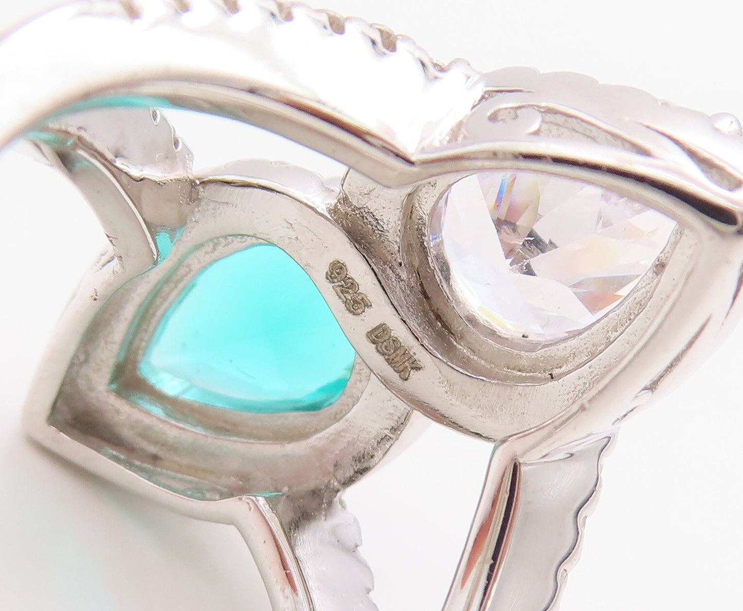 925 Sterling Silver Vintage Ring Designer Drop Sea Green & White CZ Sz 7 RG30735