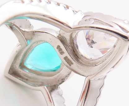 925 Sterling Silver Vintage Ring Designer Drop Sea Green & White CZ Sz 7 RG30735