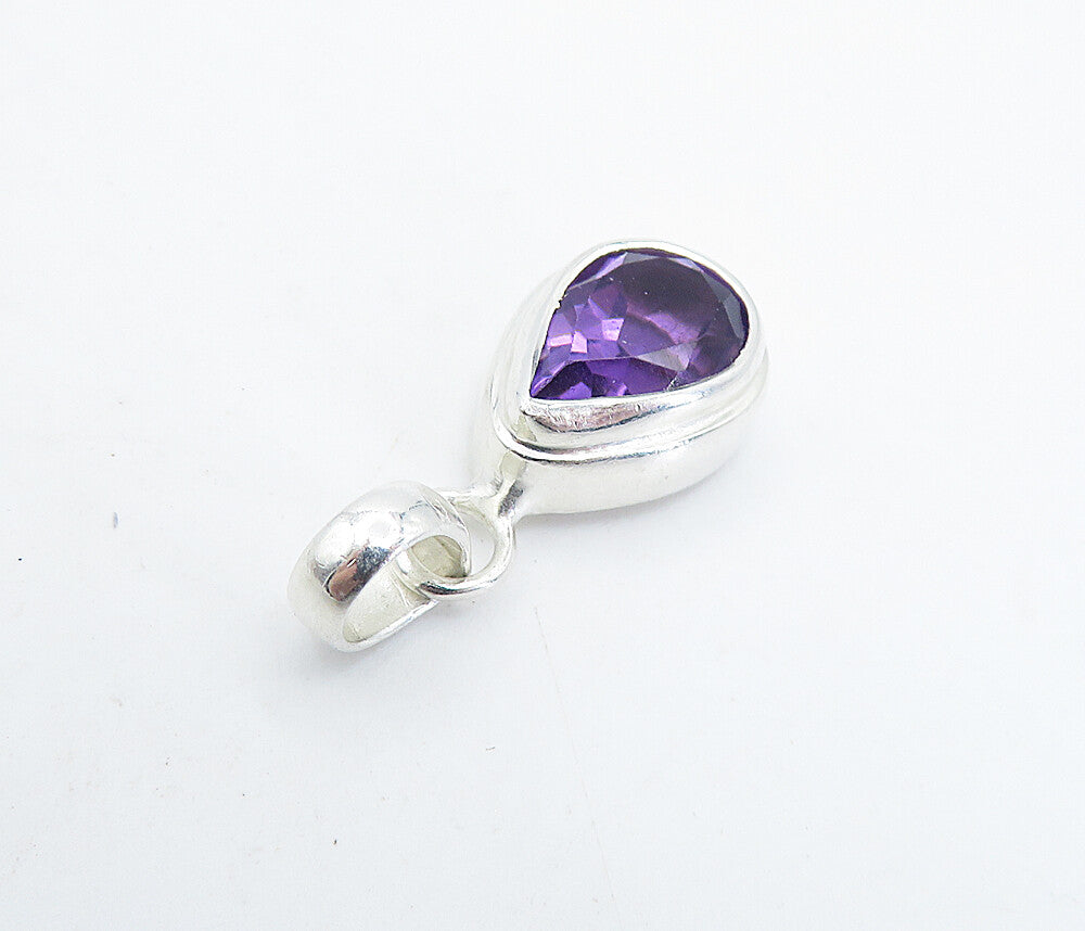 925 Sterling Silver Faceted Pear Shape Amethyst Shiny Drop Pendant PT5045