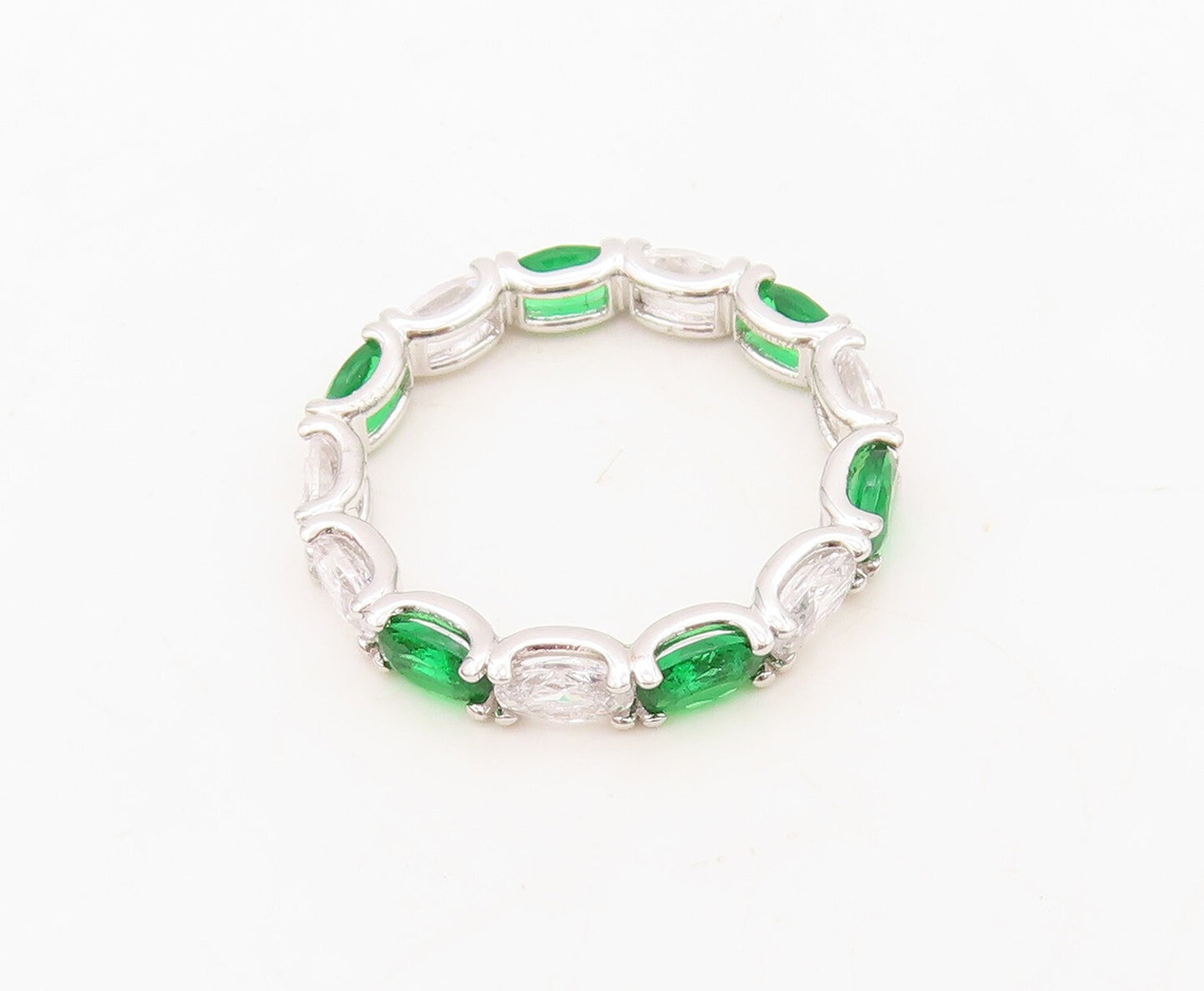 925 Sterling Silver Vintage Ring Oval Green & White CZ 360 Band  Sz 7  RG30408