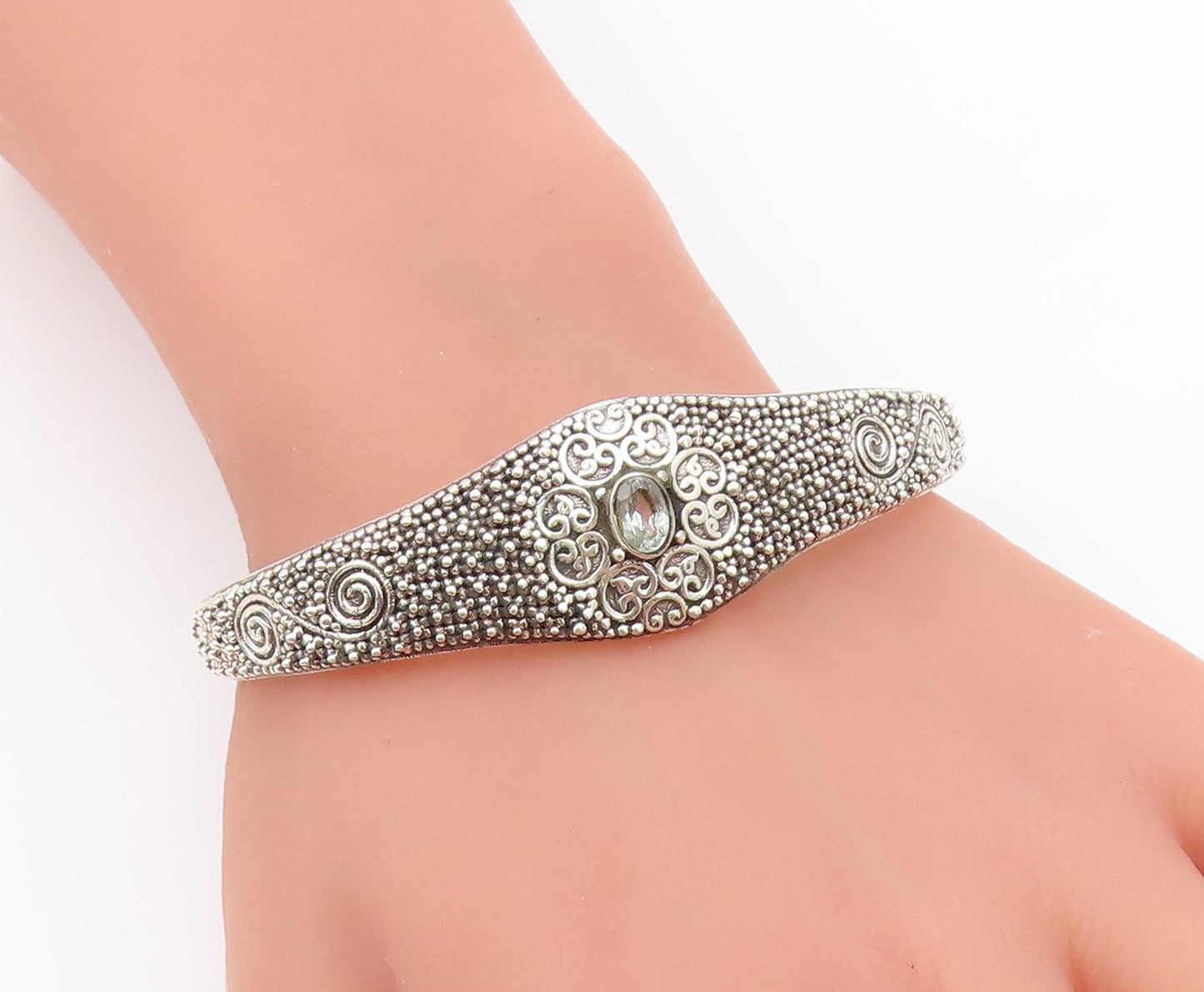 925 Sterling Silver Vintage Bracelet Topaz Intricate Seed Bead Pattern  BT12173