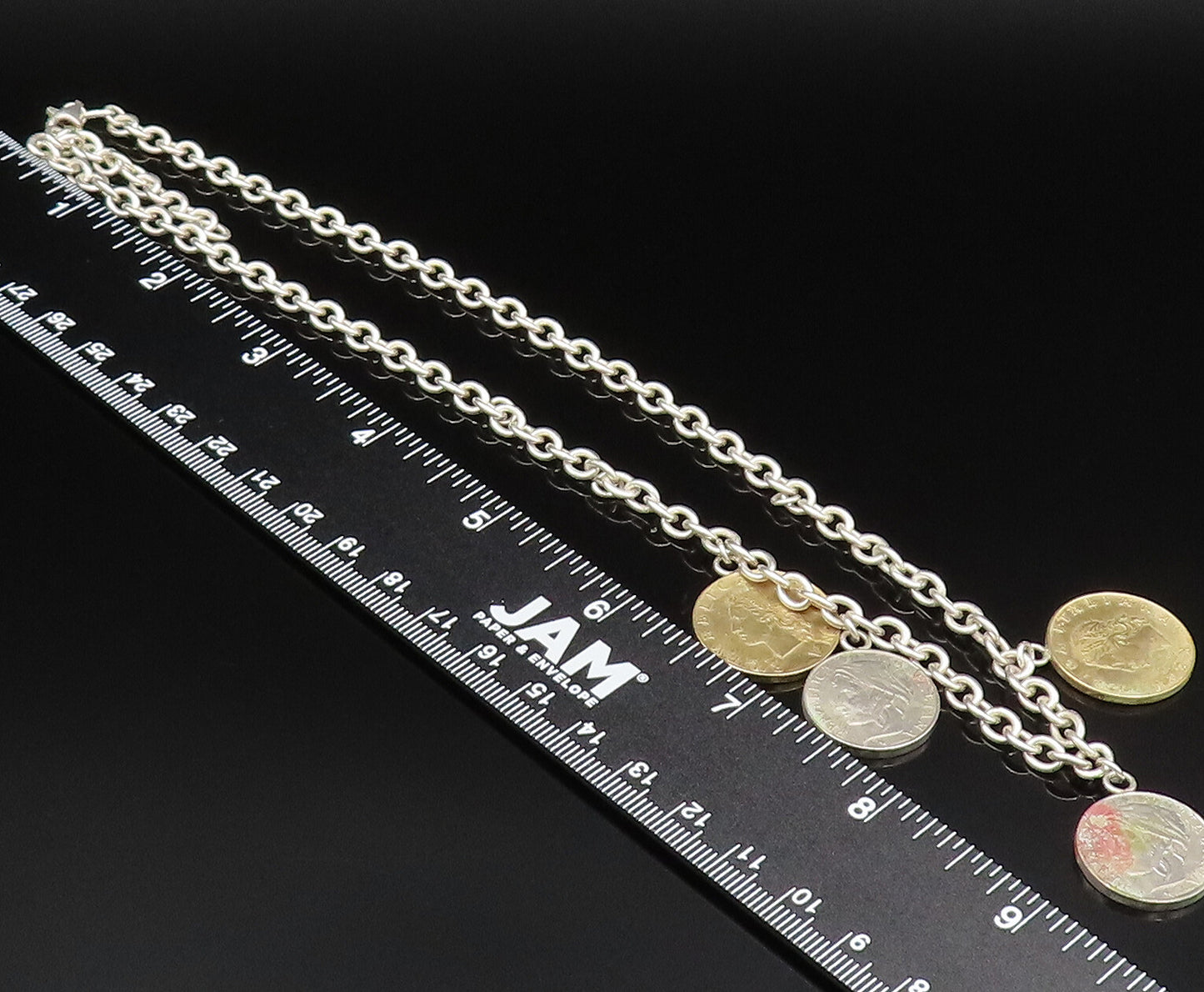 925 Sterling Silver  Vintage Two Tone Coin Rolo Chain Necklace  NE3867