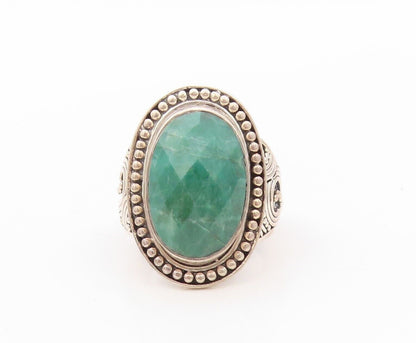 925 Sterling Silver Vintage Ring Oval Green Gemstone Halo Beaded  Sz 7.5 RG30212