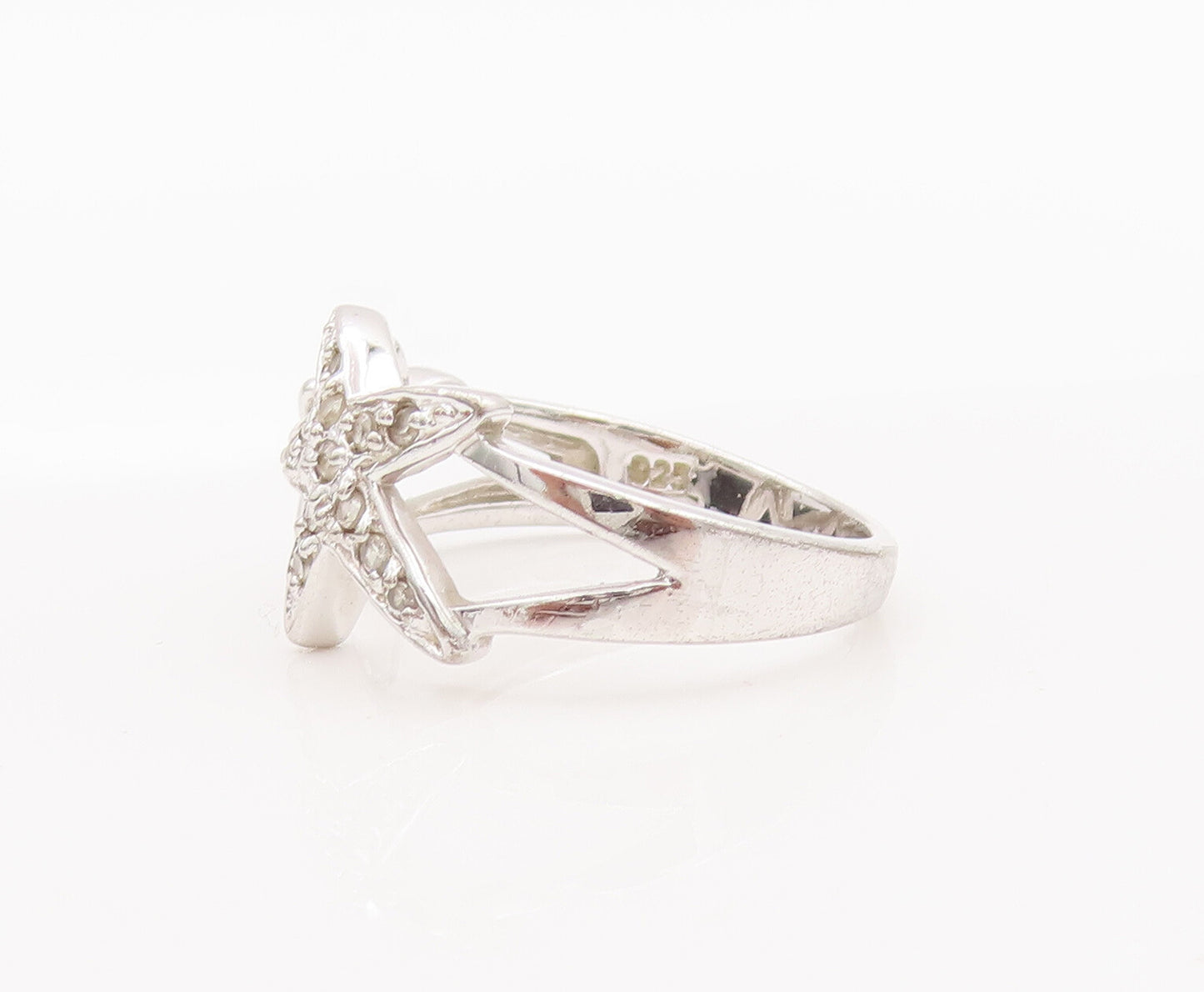 925 Sterling Silver Vintage Ring Solid & Topaz Star Carved Ends  Sz 7  RG27709