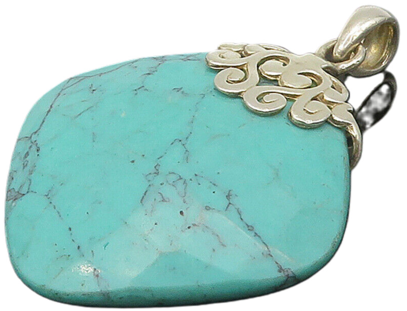 925 Sterling Silver  Vintage Faceted Turquoise Heart Swirl Pendant  PT12647