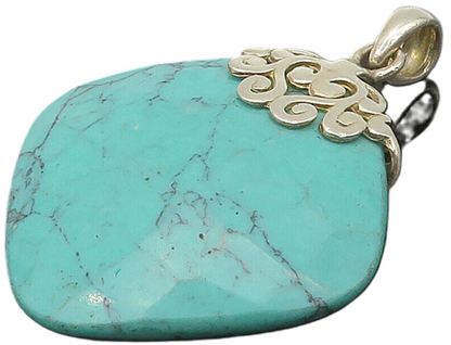 925 Sterling Silver  Vintage Faceted Turquoise Heart Swirl Pendant  PT12647