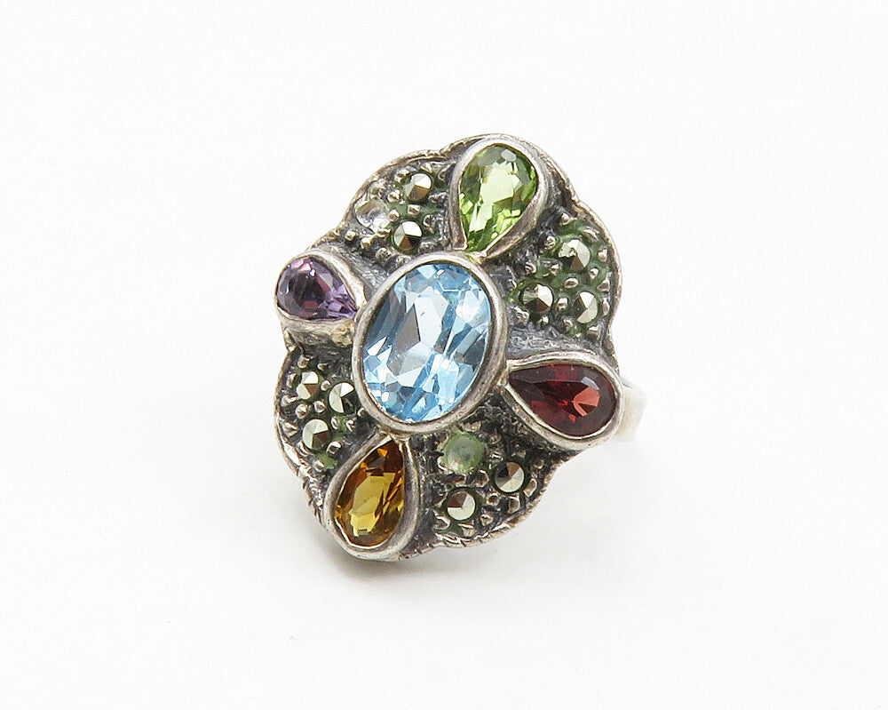 925 Silver Vintage Amethyst Peridot & Multi Stone Cocktail Ring Sz 5 RG13907