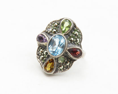 925 Silver Vintage Amethyst Peridot & Multi Stone Cocktail Ring Sz 5 RG13907