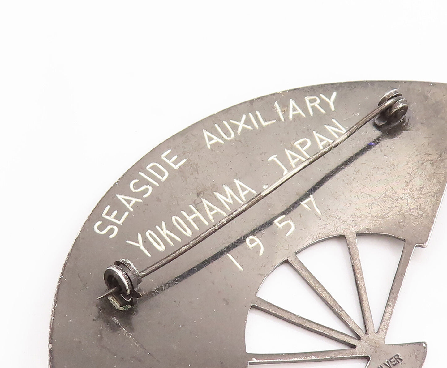 925 Sterling Silver Vintage Brooch Pin 1957 Japan Landscape Etched Fan  BP11090