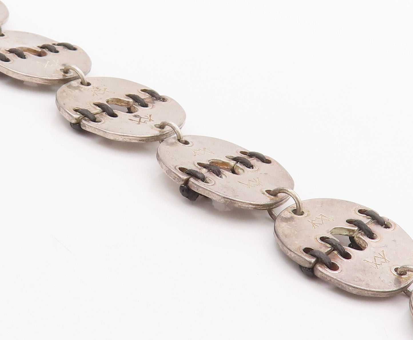 925 Sterling Silver Vintage Bracelet Designer Stitched Coin Ring Links  BT10463