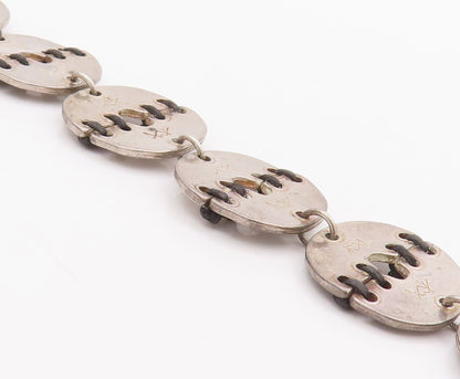 925 Sterling Silver Vintage Bracelet Designer Stitched Coin Ring Links  BT10463
