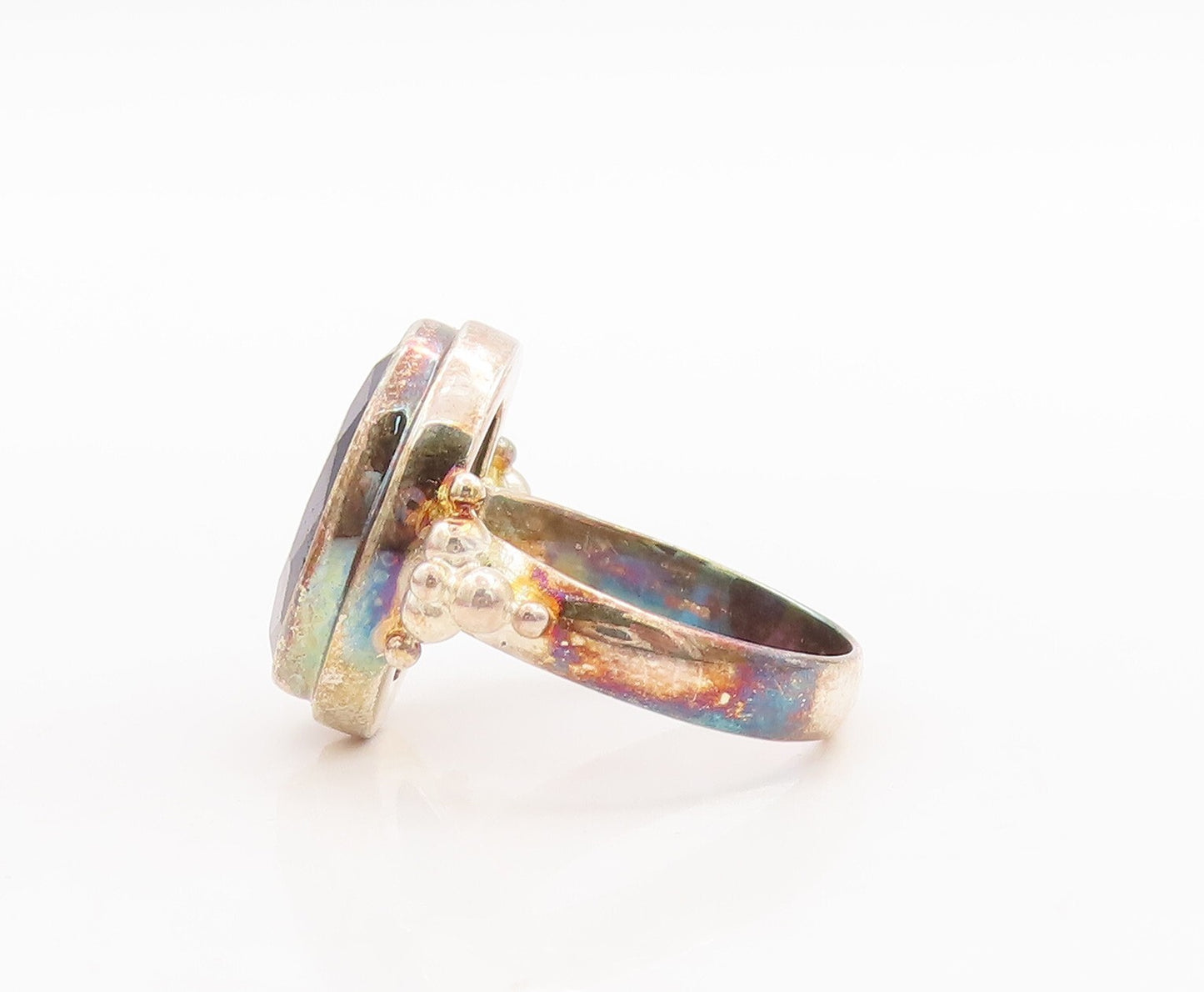 925 Sterling Silver Vintage Ring Beaded Oval Cut Blue Gemstone Sz 7  RG29700